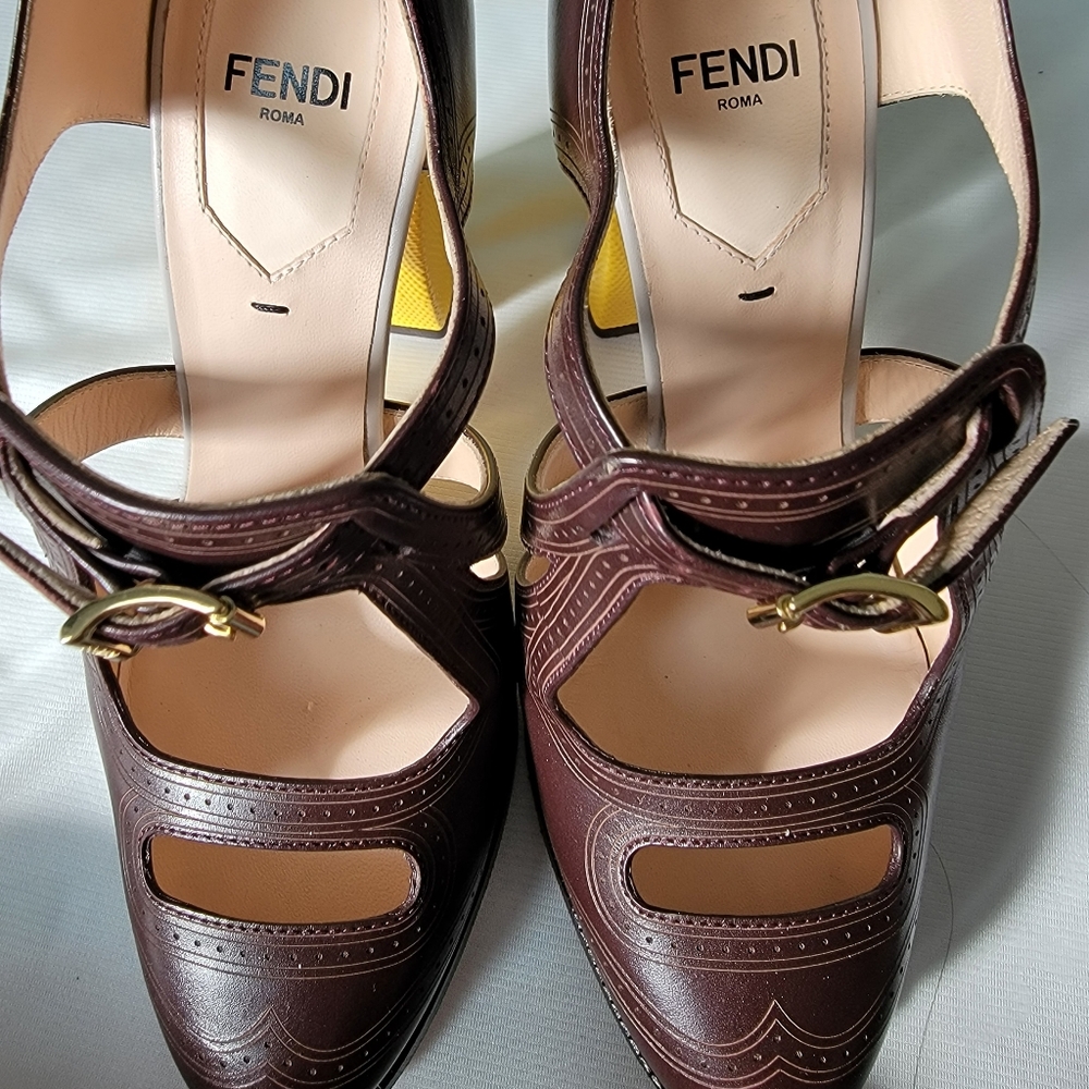 FENDI Chameleon Brown Leather Yellow Heel Mary Jane Platform Shoes - Picture 6 of 9